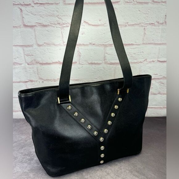 Yves Saint Laurent Studded Y Black Leather Tote Bag Large - Picture 2 of 15